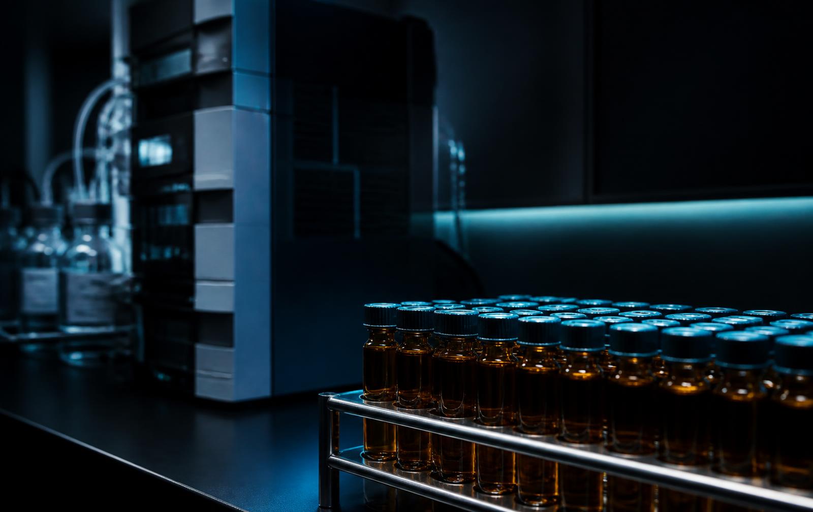 Dark analytical laboratory with sealed sample vials in a stainless rack beside a chromatography instrument